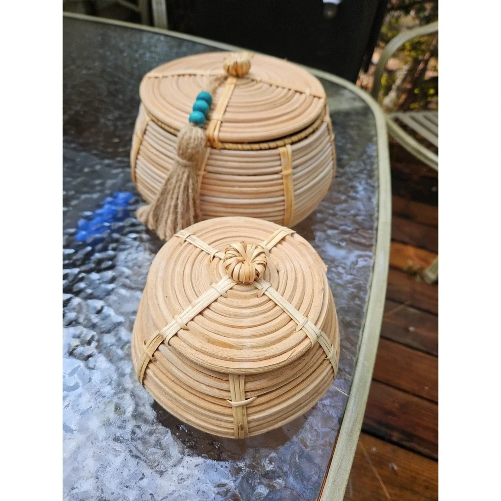 2 Woven Rattan Lidded Nesting Storage Baskets 7